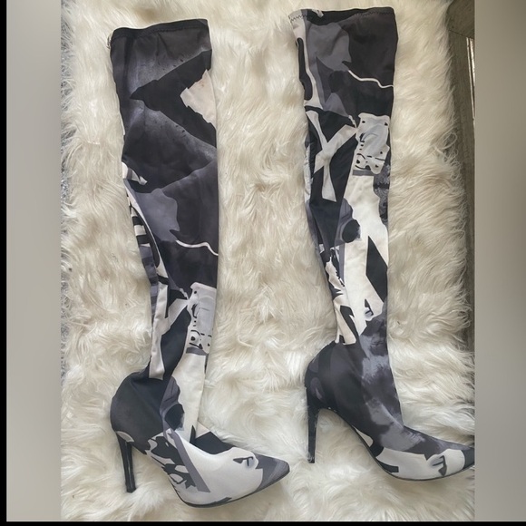 Shoes - Stylish Black and White Over-the-Knee Boots